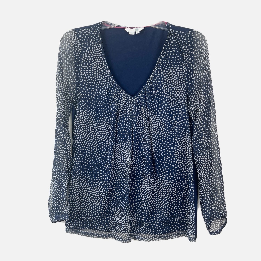 BODEN Navy Blue Polka Dot V Neck Long Sleeve Chiffon Blouse Size 4 Career Preppy